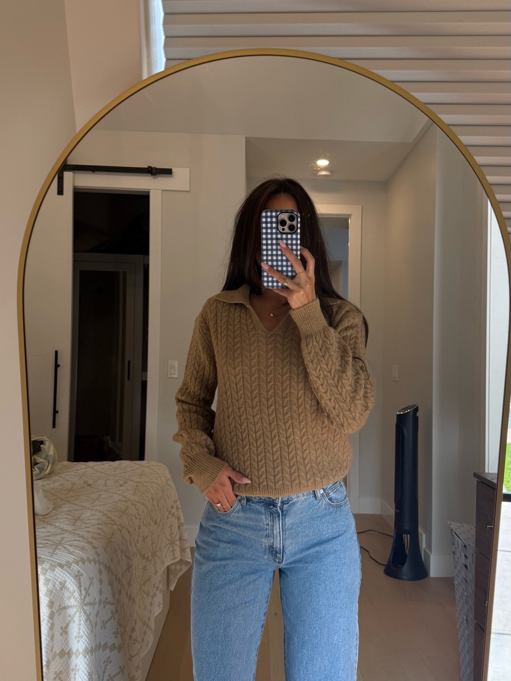 Relaxed Cable Knit V-Neck Sweater in Taupe